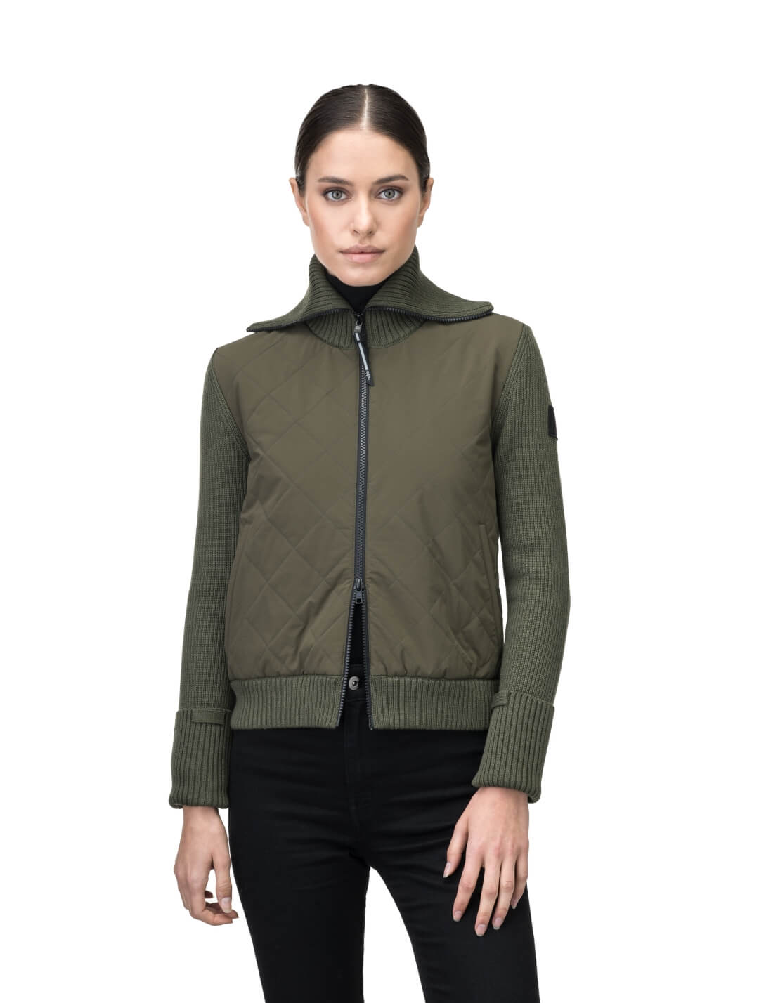 Ada Ladies Quilted Full Zip Sweater in hip length, PrimaLoft Gold Insulation Active+, Durable 4-Way Stretch Weave quilted torso, Merino wool knit collar, sleeves, back, and cuffs, two-way front zipper, and hidden waist pockets, in Fatigue