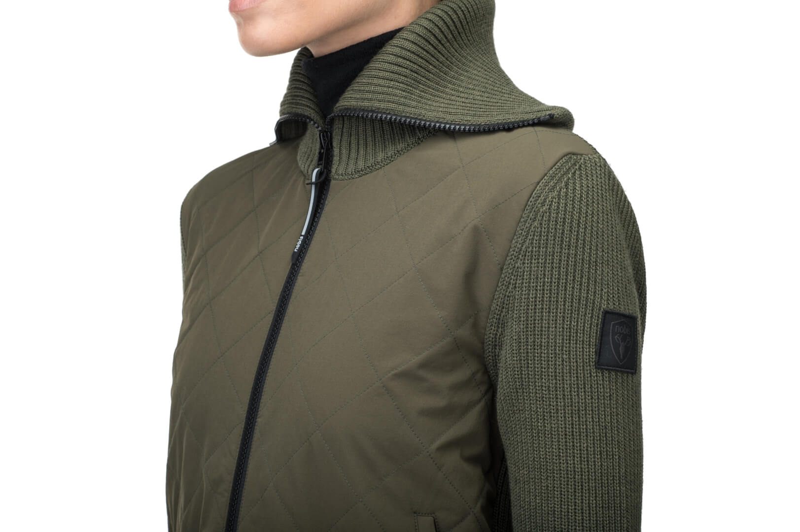 Ada Ladies Quilted Full Zip Sweater in hip length, PrimaLoft Gold Insulation Active+, Durable 4-Way Stretch Weave quilted torso, Merino wool knit collar, sleeves, back, and cuffs, two-way front zipper, and hidden waist pockets, in Fatigue