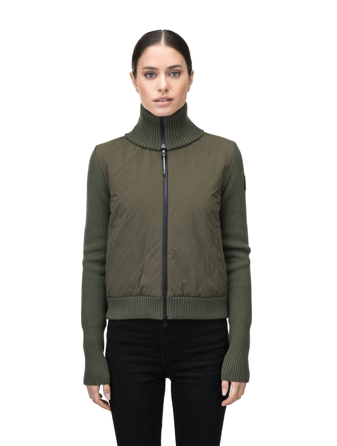 Ada Ladies Quilted Full Zip Sweater in hip length, PrimaLoft Gold Insulation Active+, Durable 4-Way Stretch Weave quilted torso, Merino wool knit collar, sleeves, back, and cuffs, two-way front zipper, and hidden waist pockets, in Fatigue