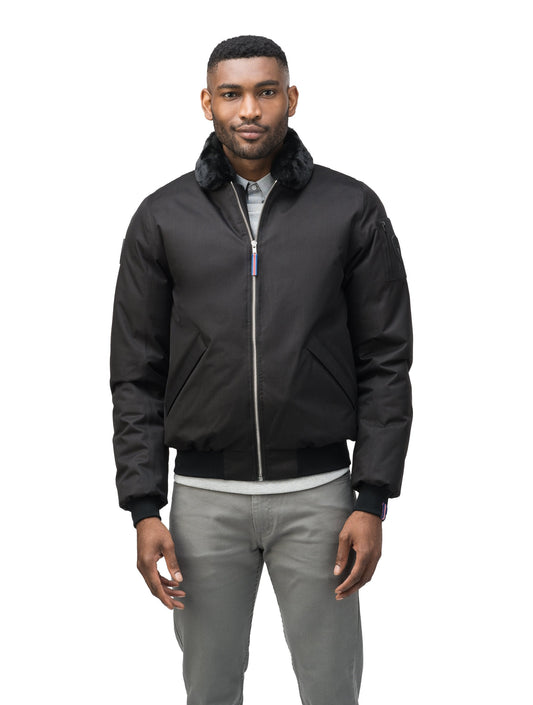 Men's down fileld waist length bomber jacket with shirt style rabbit fur collar in Black + Black