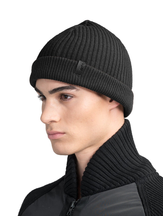 Ardn Unisex Tailored Reversible Knit Beanie in an extra fine merino wool blend, fitted rib knit, and reversible design, in Black + Black