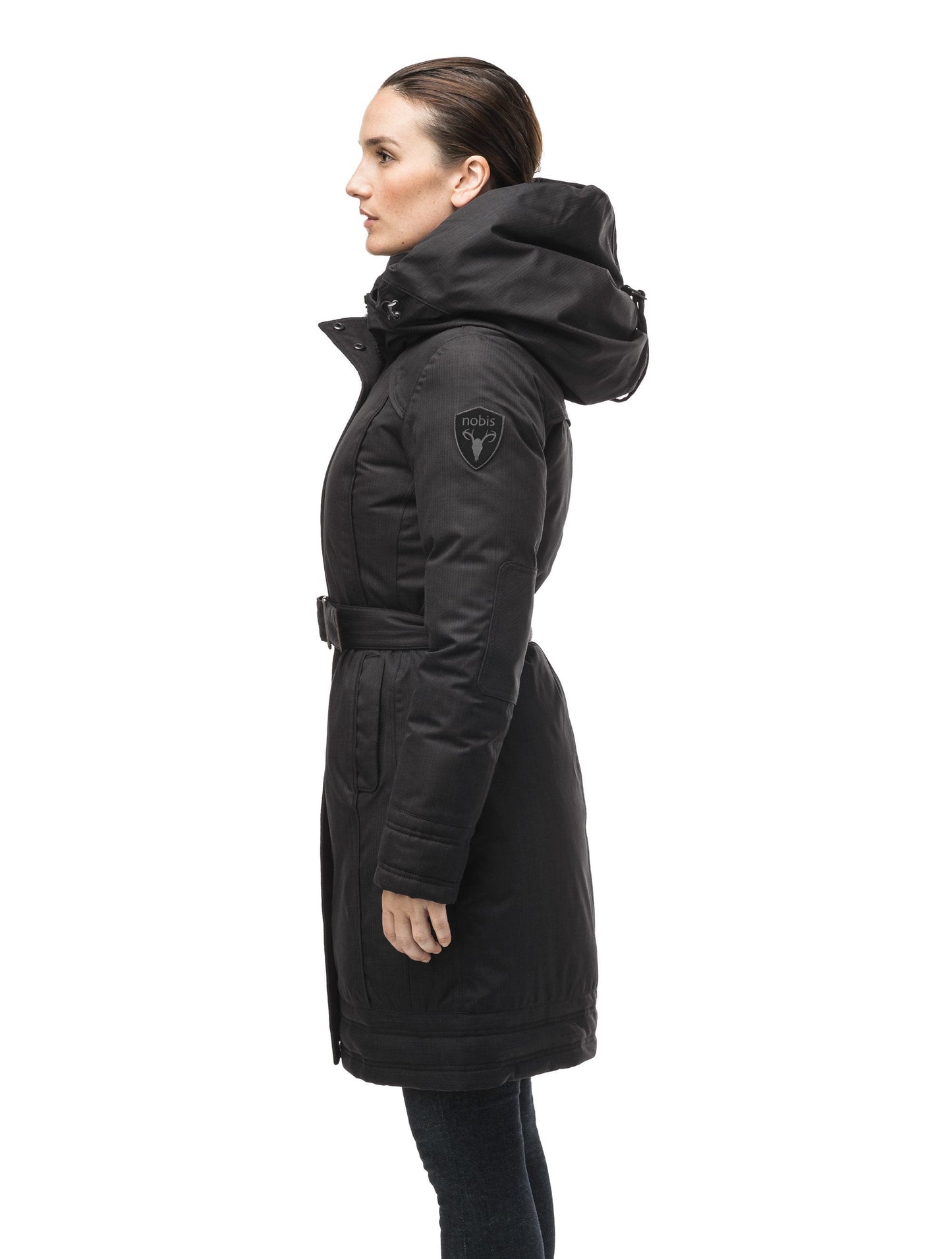 Women's Thigh length own parka with a furless oversized hood in CH Black