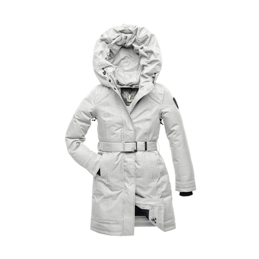 Women's Thigh length own parka with a furless oversized hood in CH Light Grey + CH Light Grey