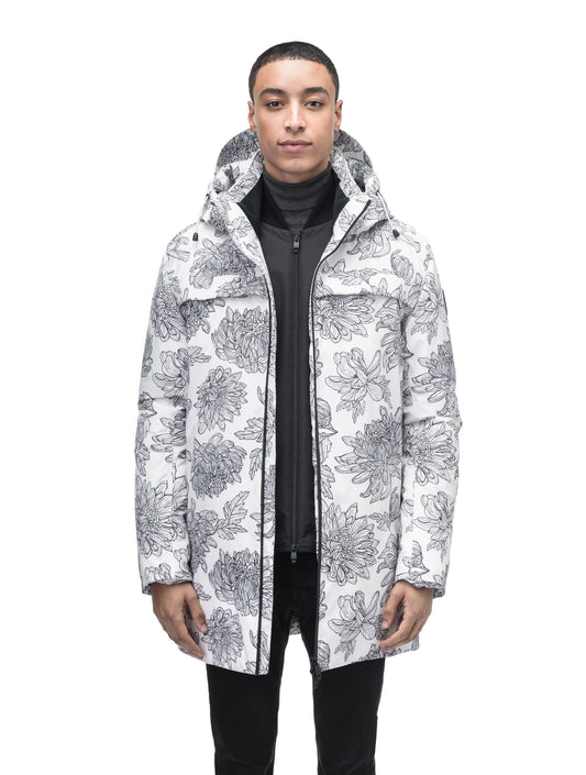 Atlas Men's Performance Parka in thigh length, Canadian duck down insulation, removable hood, and two-way zipper, in White Floral + White Floral