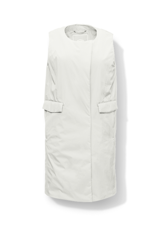 Brexton Women's Tailored Long Mid Layer Vest in knee length, centre front wind flap, flap closure waist pocket with additional side entry storage, single vent on back bottom hem, in Chalk + Chalk
