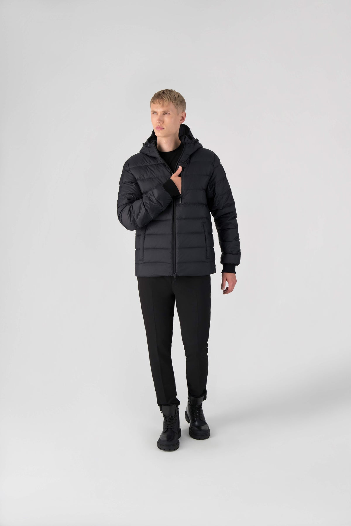 Chris Men's Mid Weight Reversible Puffer Jacket in hip length, Canadian duck down insulation, non-removable adjustable hood, ribbed cuffs, and quilted body on reversible side, in Black