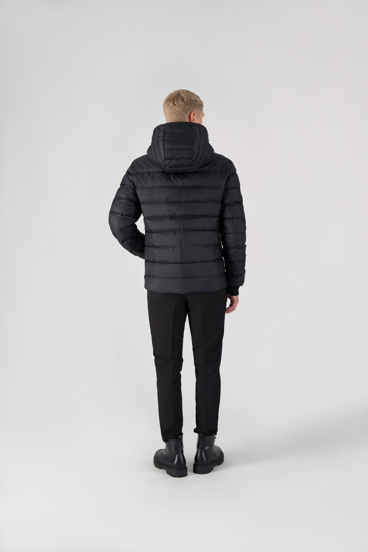 Chris Men's Mid Weight Reversible Puffer Jacket in hip length, Canadian duck down insulation, non-removable adjustable hood, ribbed cuffs, and quilted body on reversible side, in Black