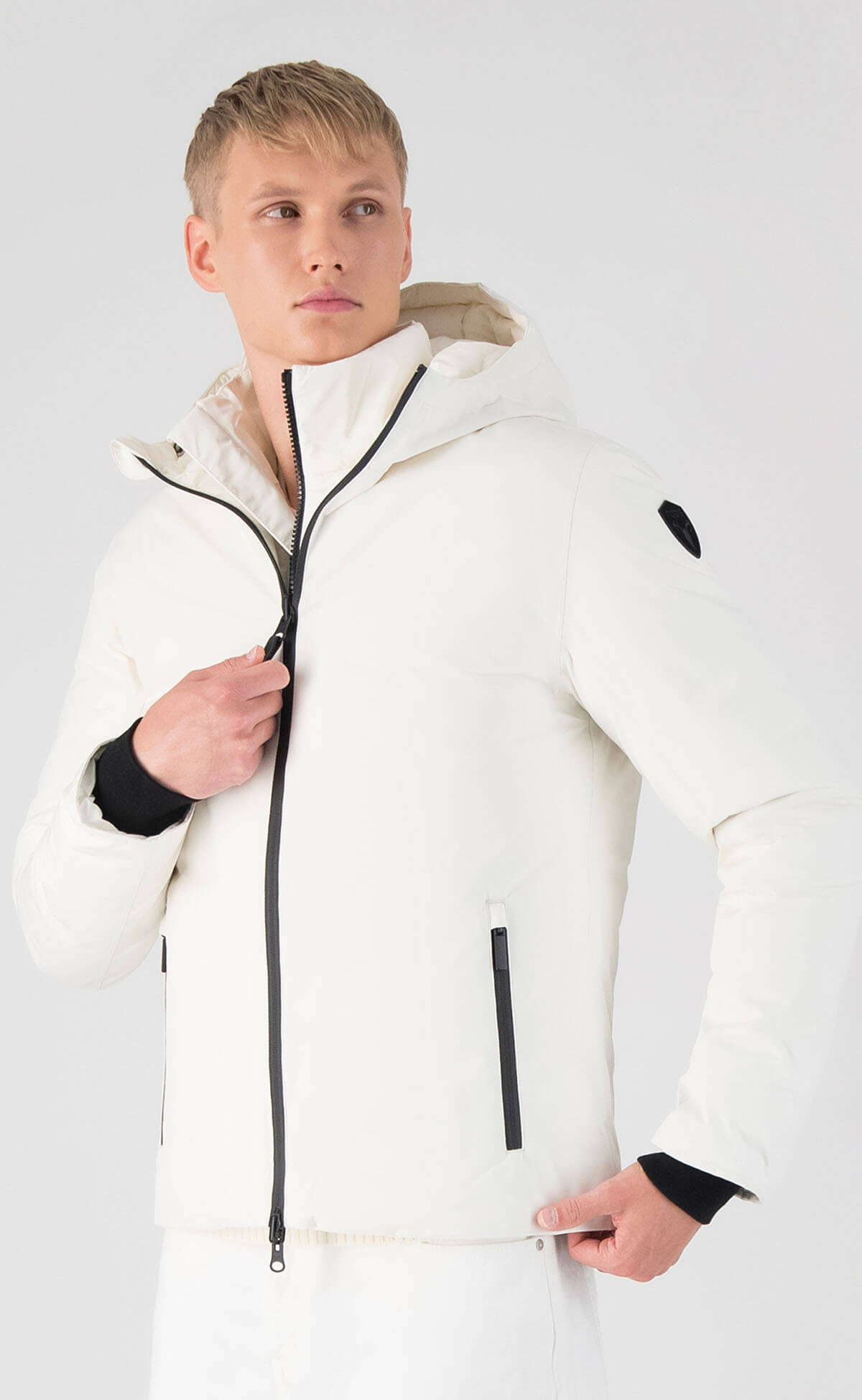 Chris Men's Mid Weight Reversible Puffer Jacket in hip length, Canadian duck down insulation, non-removable adjustable hood, ribbed cuffs, and quilted body on reversible side, in Chalk
