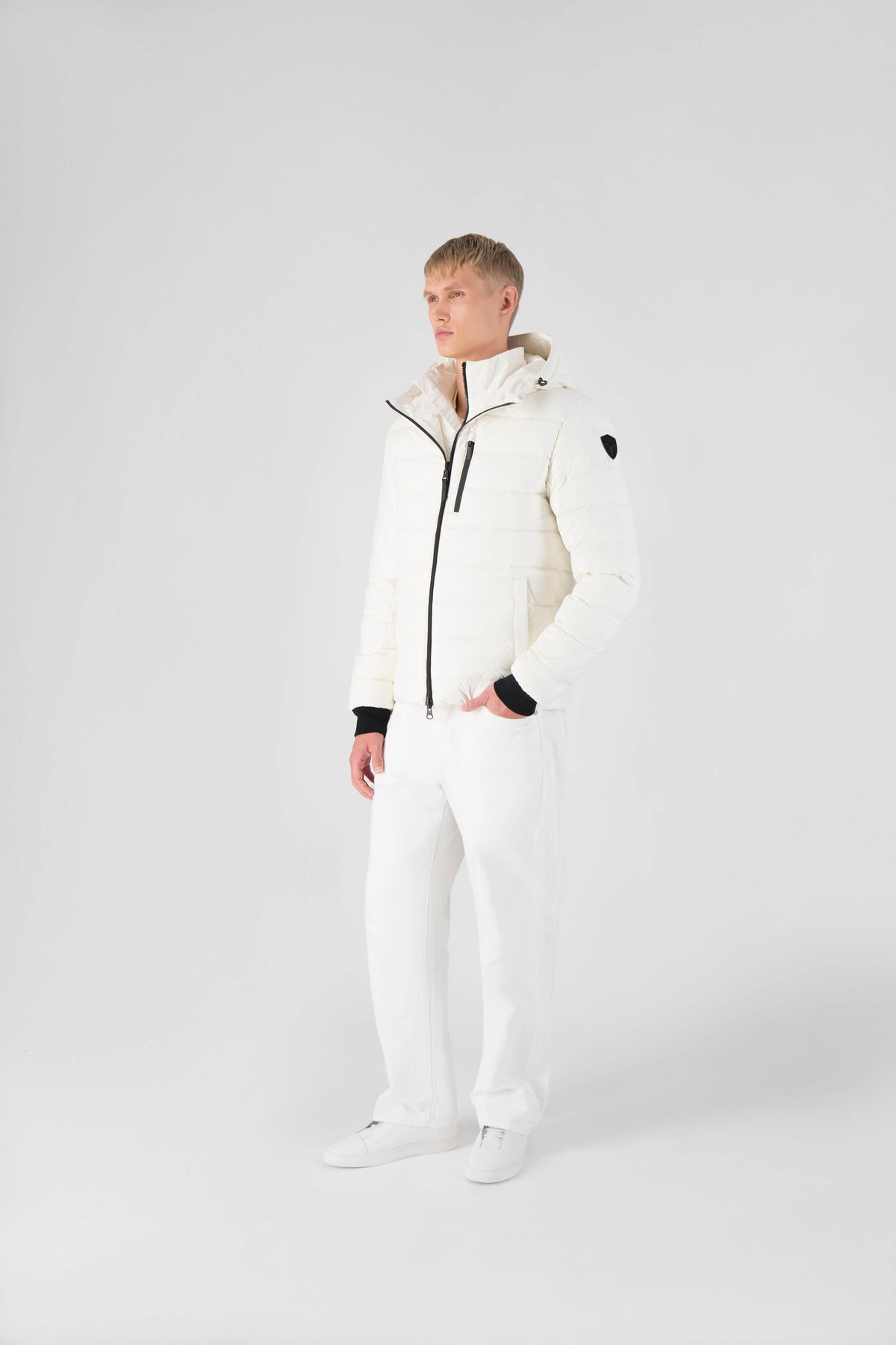 Chris Men's Mid Weight Reversible Puffer Jacket in hip length, Canadian duck down insulation, non-removable adjustable hood, ribbed cuffs, and quilted body on reversible side, in Chalk