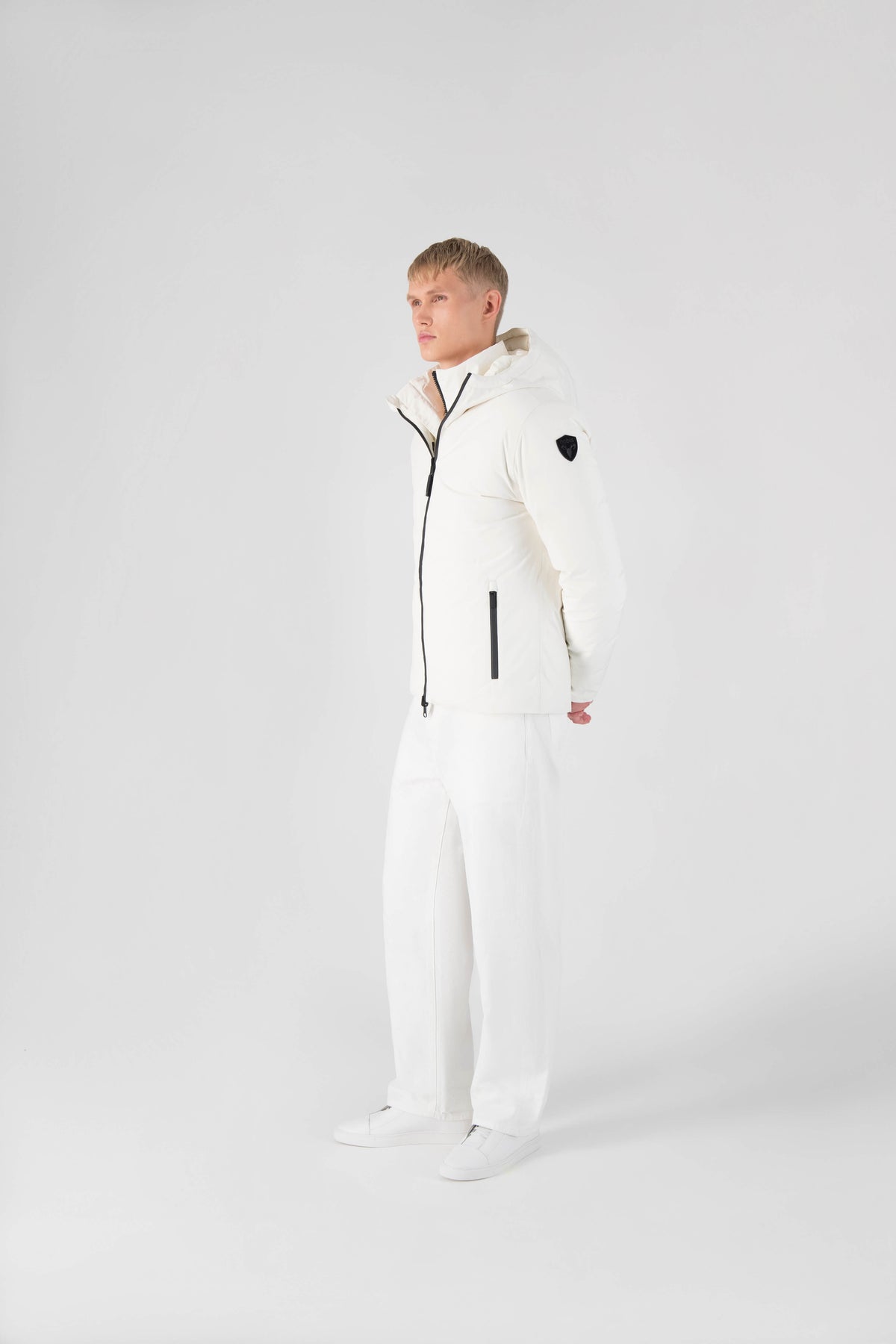 Chris Men's Mid Weight Reversible Puffer Jacket in hip length, Canadian duck down insulation, non-removable adjustable hood, ribbed cuffs, and quilted body on reversible side, in Chalk
