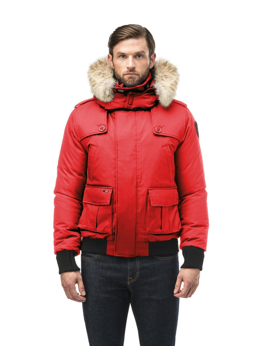 Men's down filled bomber that sits just above the hips with a completely removable hood that's windproof, waterproof, and breathable in CH Red + CH Red