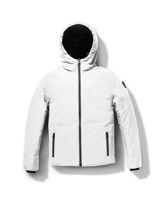 Chris Men's Mid Weight Reversible Puffer Jacket in hip length, Canadian duck down insulation, non-removable adjustable hood, ribbed cuffs, and quilted body on reversible side, in Chalk + Chalk