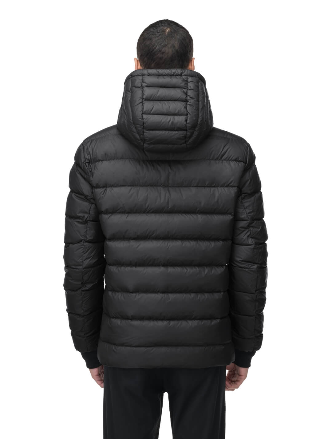 Chris Men's Mid Weight Reversible Puffer Jacket in hip length, Canadian duck down insulation, non-removable adjustable hood, ribbed cuffs, and quilted body on reversible side, in Black