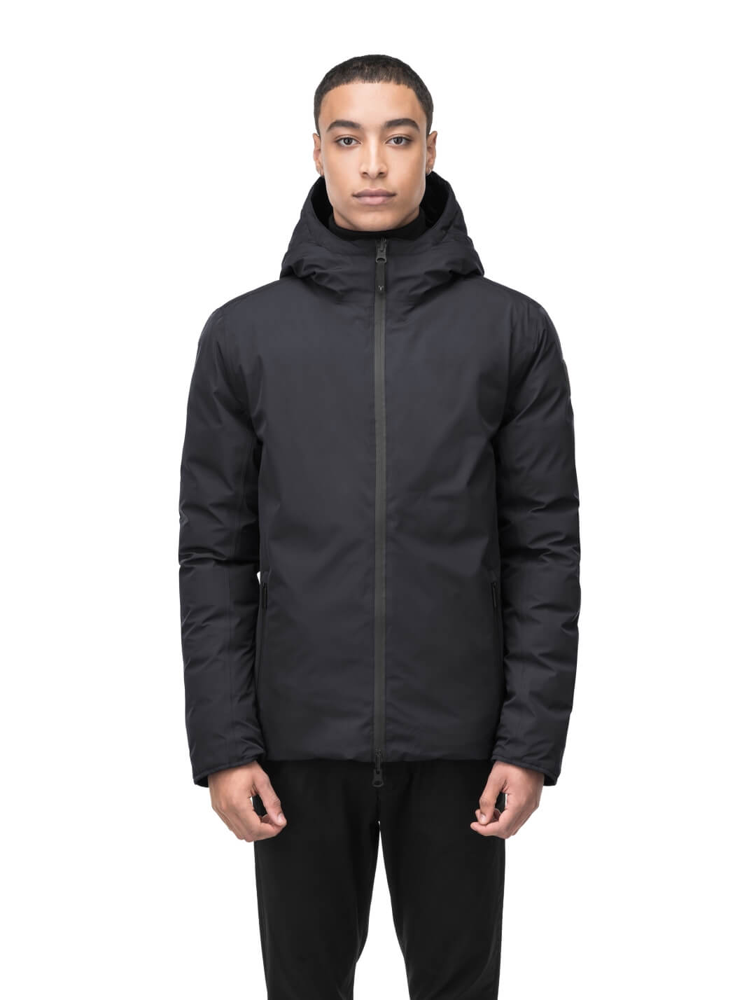 Chris Men's Mid Weight Reversible Puffer Jacket in hip length, Canadian duck down insulation, non-removable adjustable hood, ribbed cuffs, and quilted body on reversible side, in Black