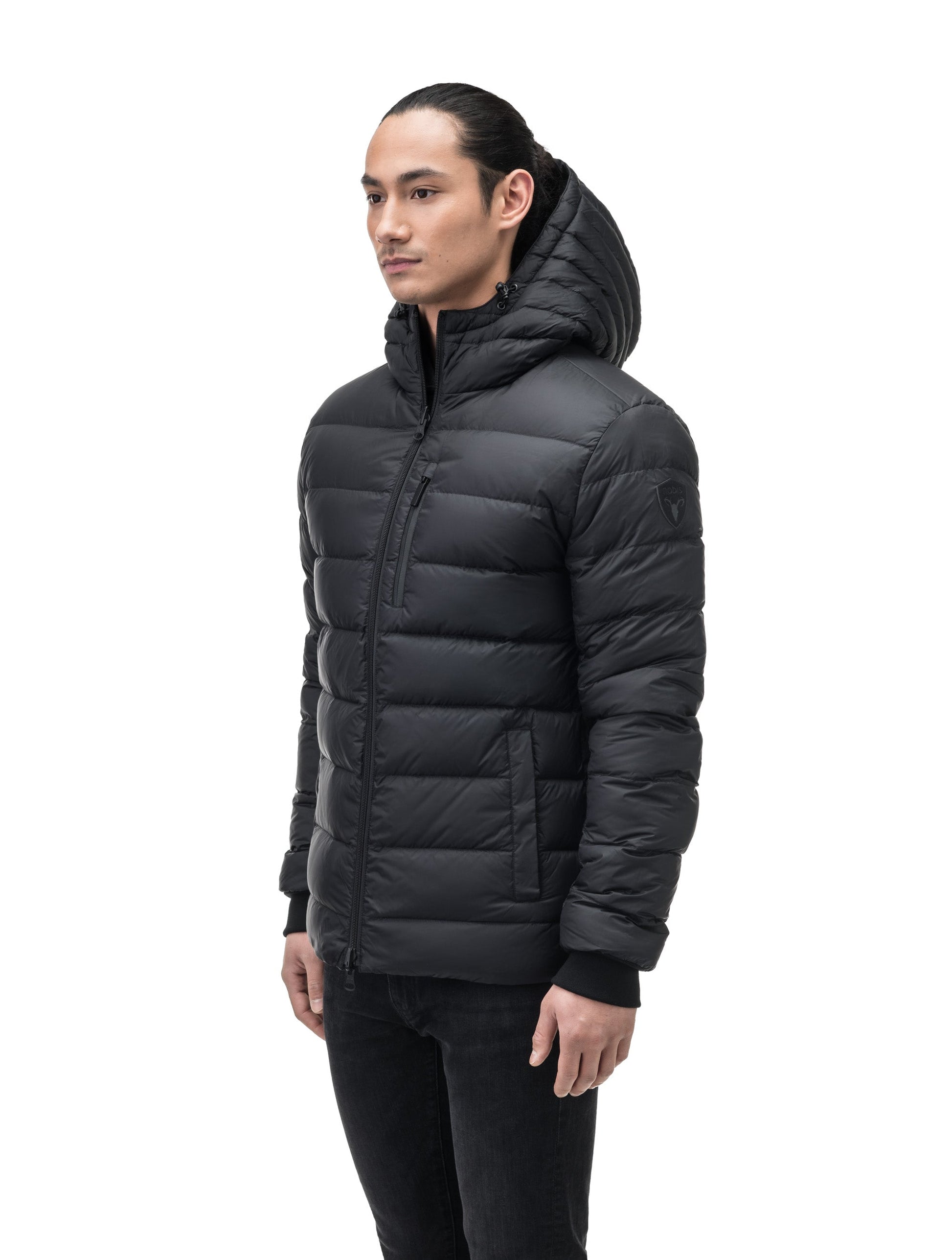 Chris Men's Mid Weight Reversible Puffer Jacket in hip length, Canadian duck down insulation, non-removable adjustable hood, ribbed cuffs, and quilted body on reversible side, in Black