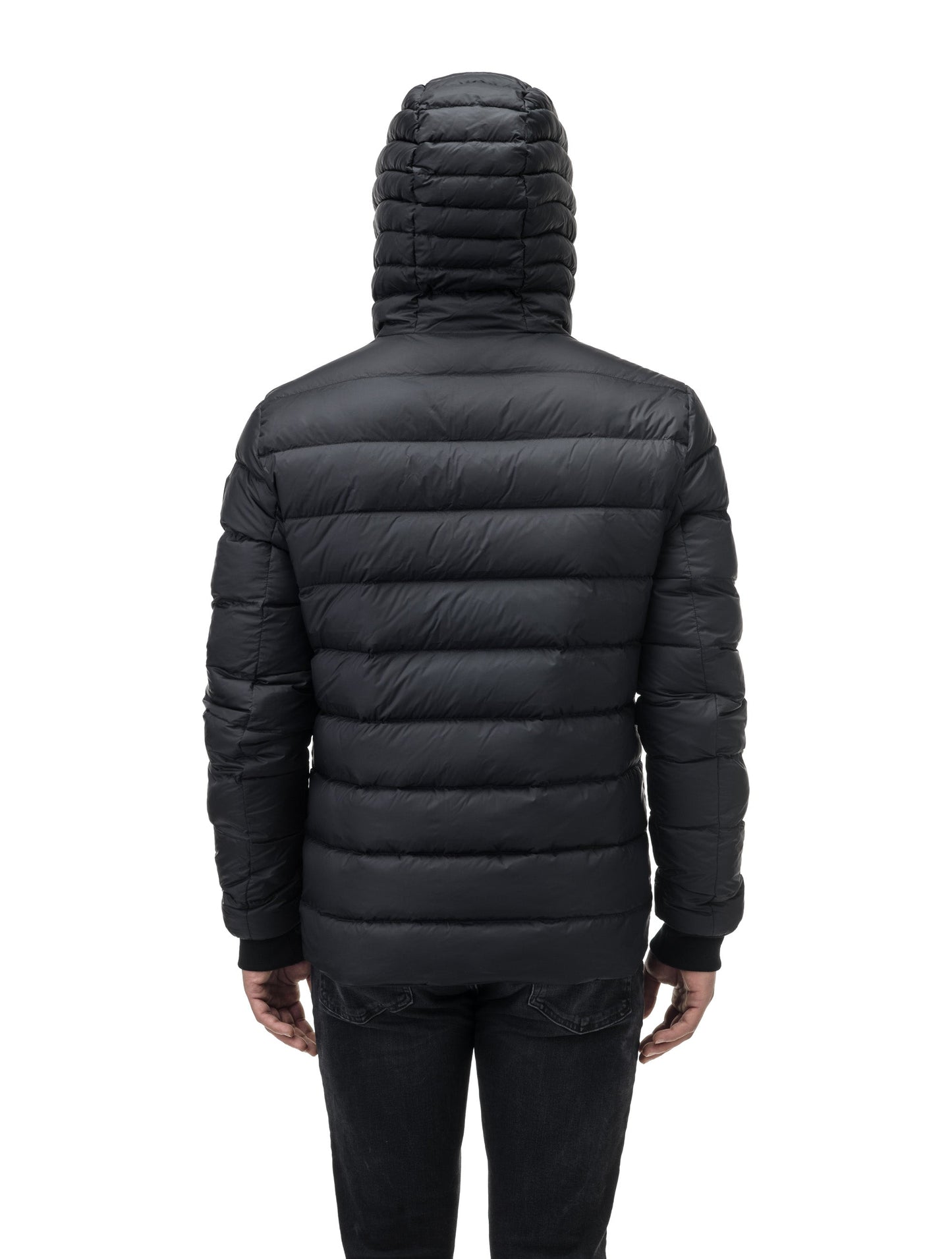 Chris Men's Mid Weight Reversible Puffer Jacket in hip length, Canadian duck down insulation, non-removable adjustable hood, ribbed cuffs, and quilted body on reversible side, in Black