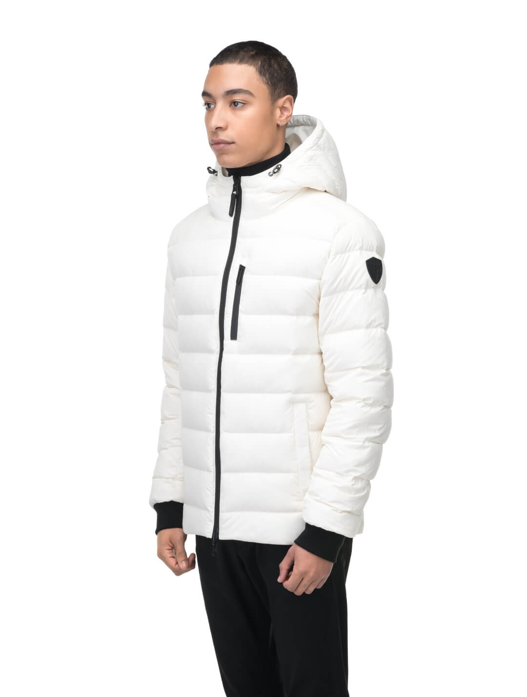 Chris Men's Mid Weight Reversible Puffer Jacket in hip length, Canadian duck down insulation, non-removable adjustable hood, ribbed cuffs, and quilted body on reversible side, in Chalk