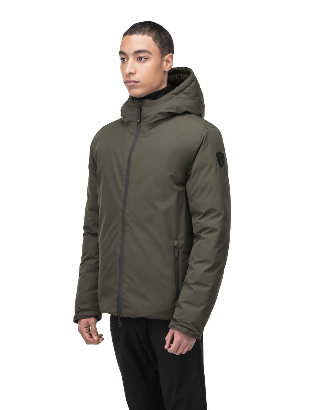 Chris Men's Mid Weight Reversible Puffer Jacket in hip length, Canadian duck down insulation, non-removable adjustable hood, ribbed cuffs, and quilted body on reversible side, in Fatigue