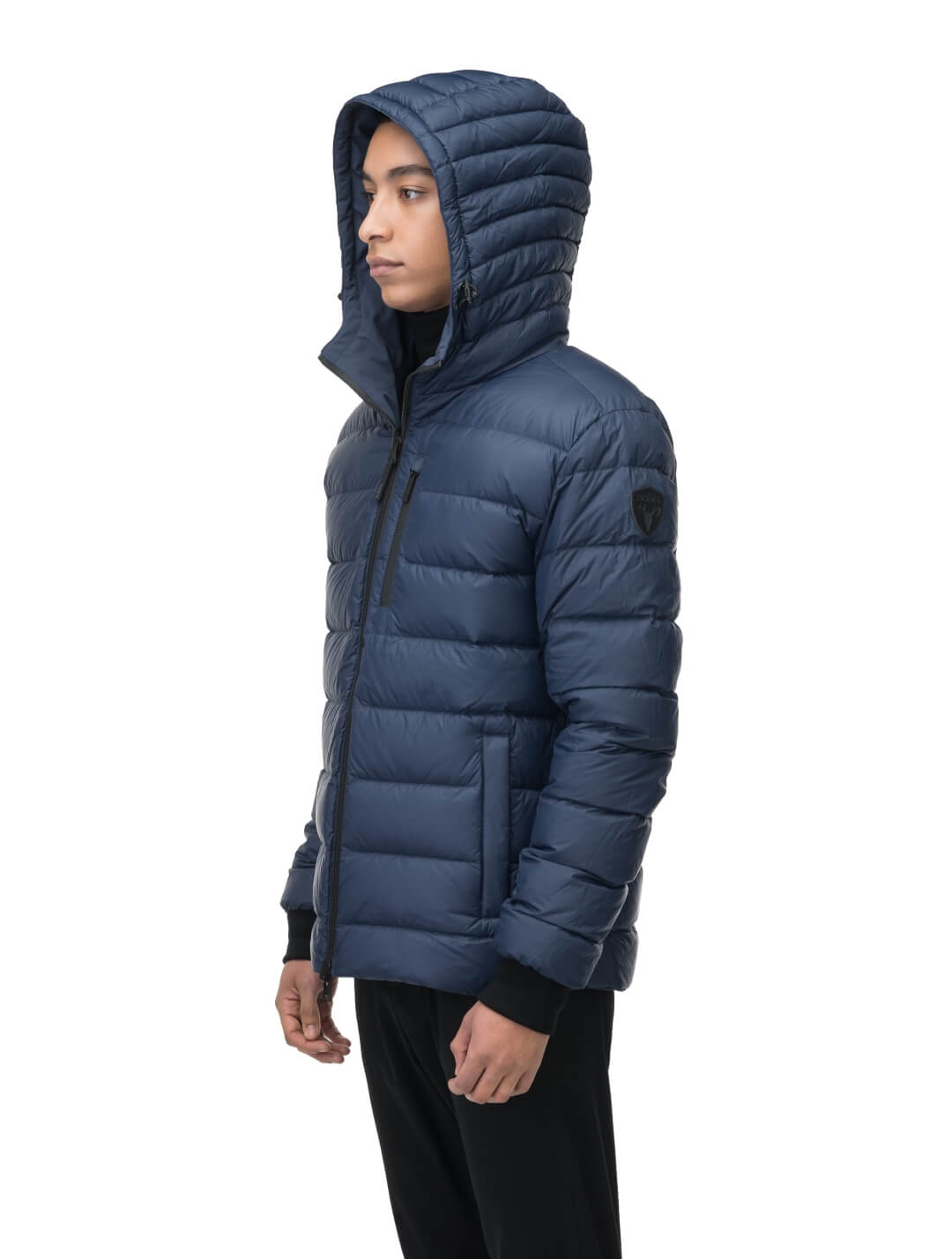 Chris Men's Mid Weight Reversible Puffer Jacket in hip length, Canadian duck down insulation, non-removable adjustable hood, ribbed cuffs, and quilted body on reversible side, in Marine