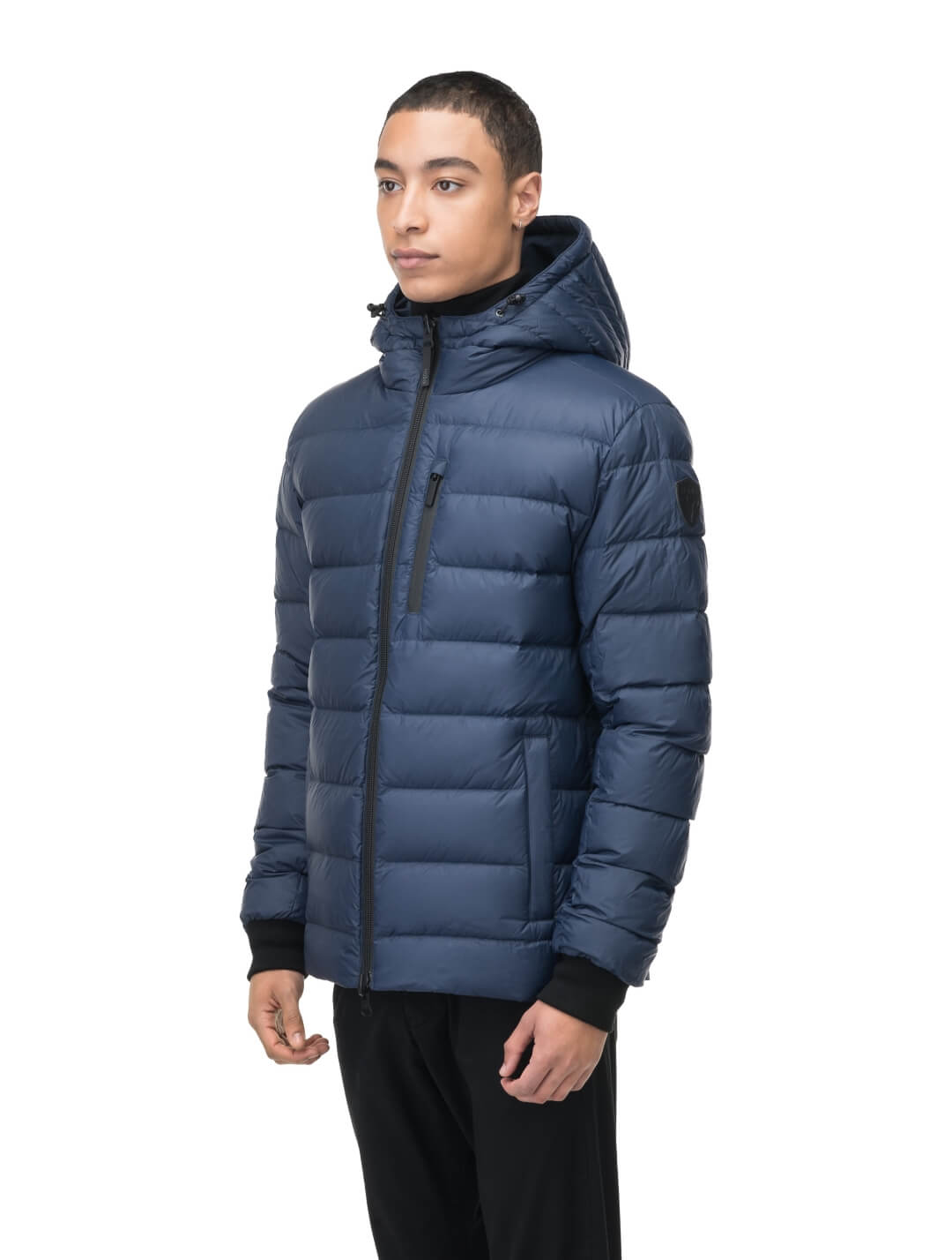 Chris Men's Mid Weight Reversible Puffer Jacket in hip length, Canadian duck down insulation, non-removable adjustable hood, ribbed cuffs, and quilted body on reversible side, in Marine