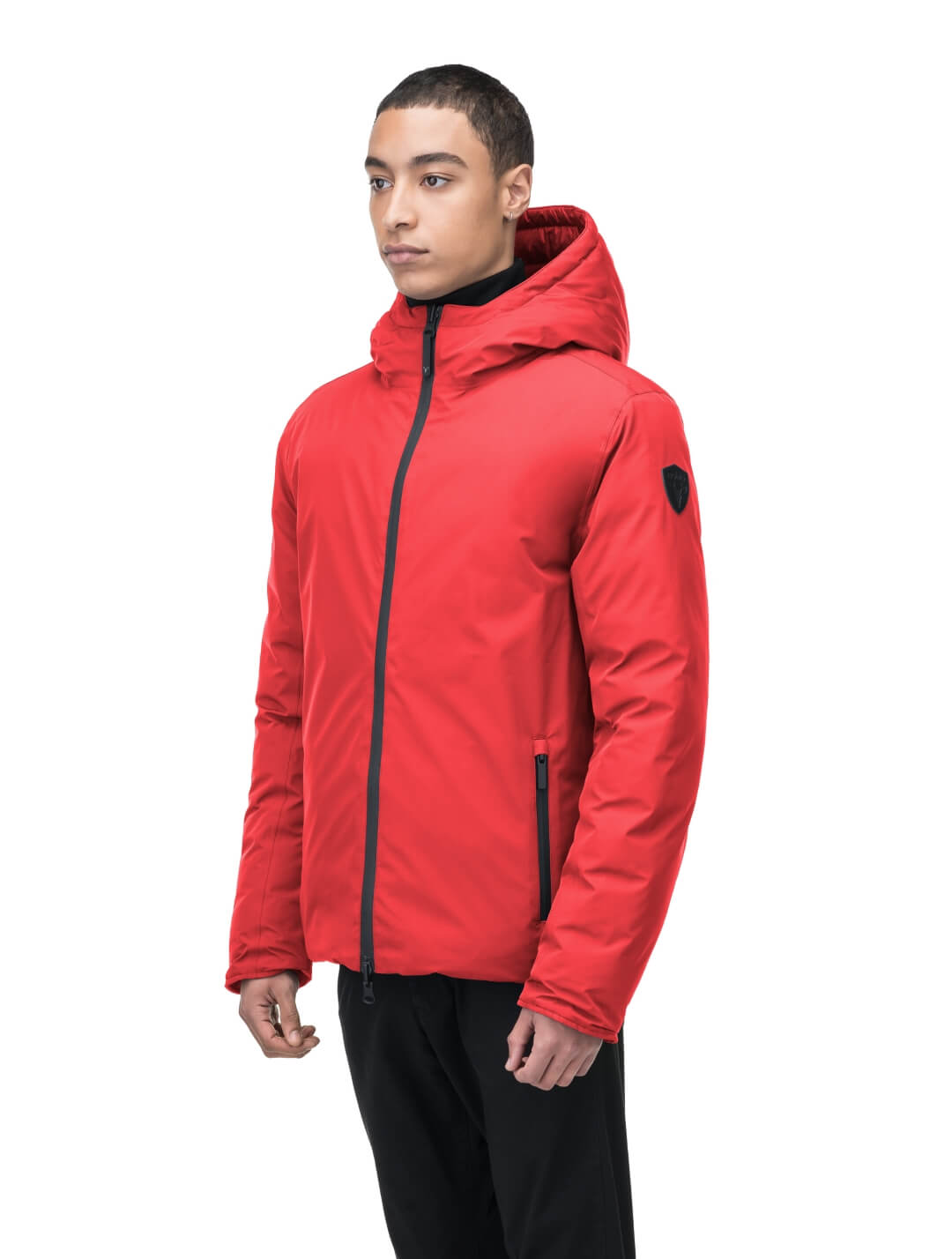 Chris Men's Mid Weight Reversible Puffer Jacket in hip length, Canadian duck down insulation, non-removable adjustable hood, ribbed cuffs, and quilted body on reversible side, in Vermillion