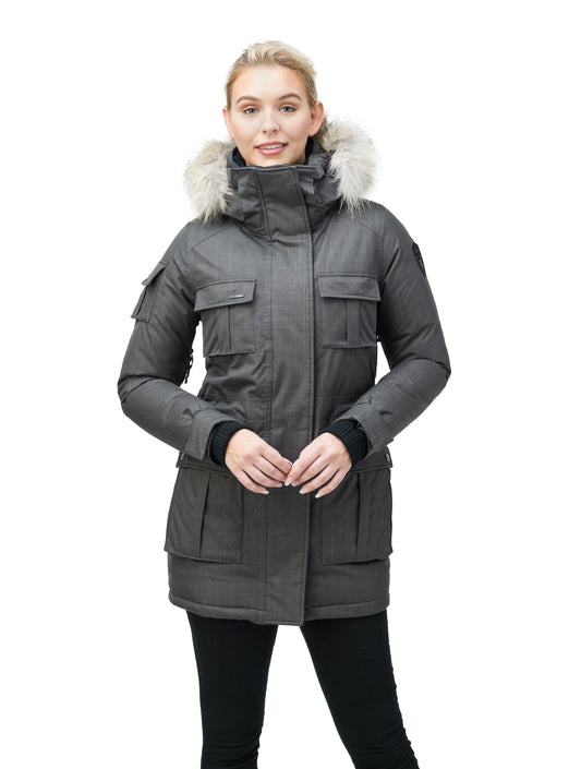 Women's down filled thigh length parka with four pleated patch pockets and an adjustable waist in CH Steel Grey + CH Steel Grey