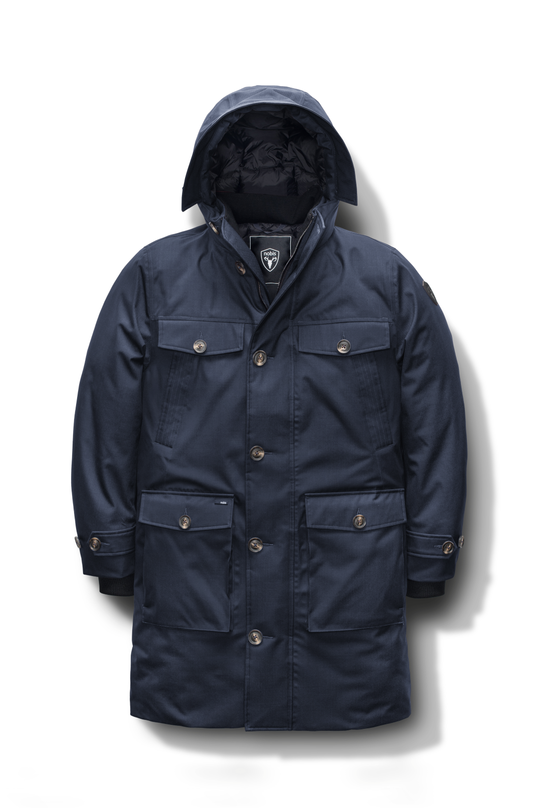 Citizen Men's Tailored Parka in knee length, Canadian duck down insulation, non-removable hood, and two-way zipper, in Navy