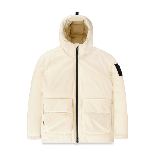 Dixon jacket in Wheat stretch ripstop fabric with DWR coating, large bellow pockets with magnetic flaps, hidden side-entry zipper pockets, and adjustable cuffs and hem for a tailored fit. Durable, weather-resistant, and versatile. + Wheat