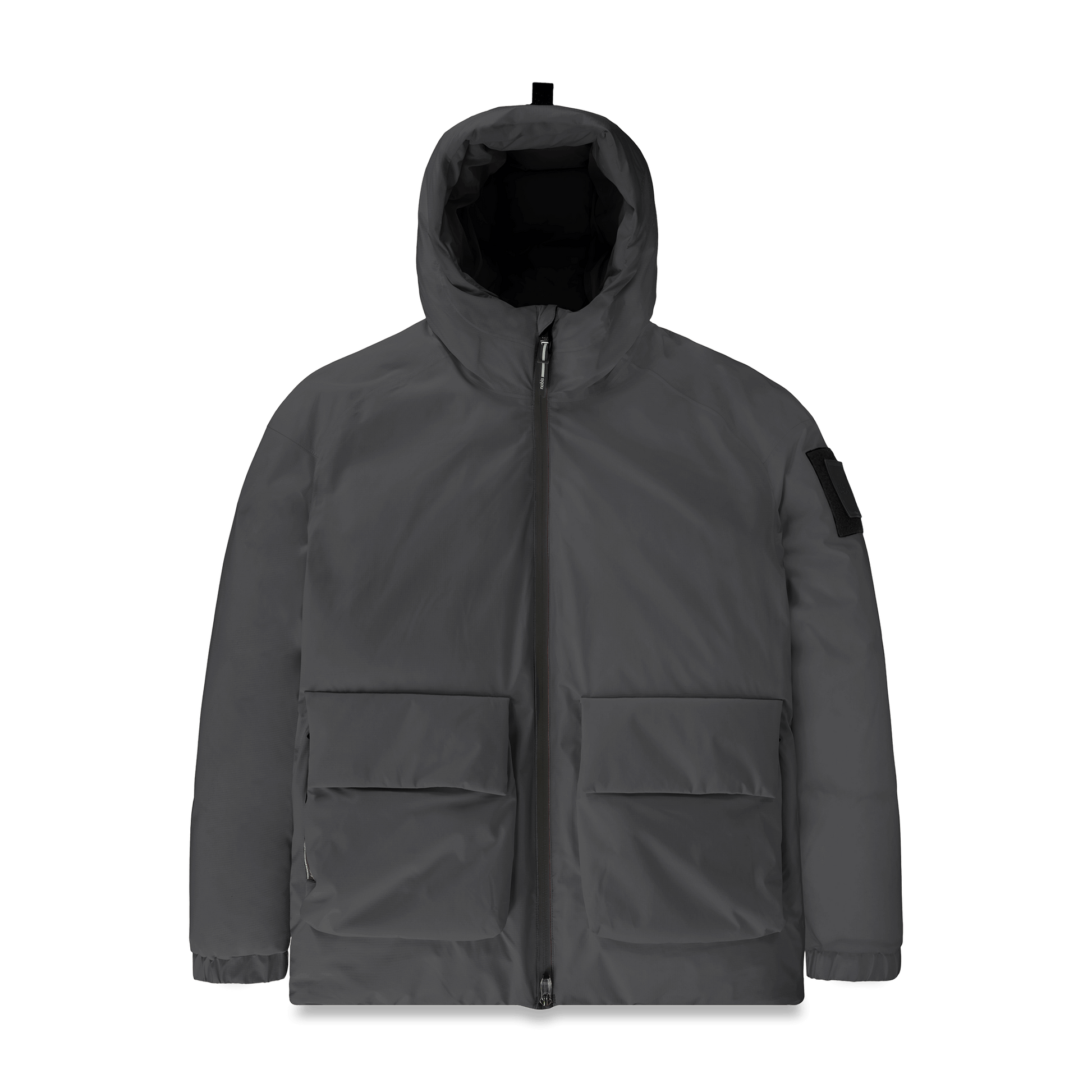 Dixon jacket in Black stretch ripstop fabric with DWR coating, large bellow pockets with magnetic flaps, hidden side-entry zipper pockets, and adjustable cuffs and hem for a tailored fit. Durable, weather-resistant, and versatile.