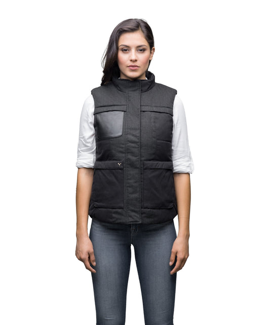 Women's down filled vest that features a 925 Sterling Silver Nobis Skull in Black + Black