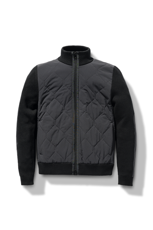 Ero Men's Tailored Hybrid Sweater in hip length, PrimaLoft Gold Insulation Active+, Durable 4-Way Stretch Weave quilted torso, Merino wool knit collar, sleeves, back, and cuffs, two-way front zipper, and hidden waist pockets, in Black + Black