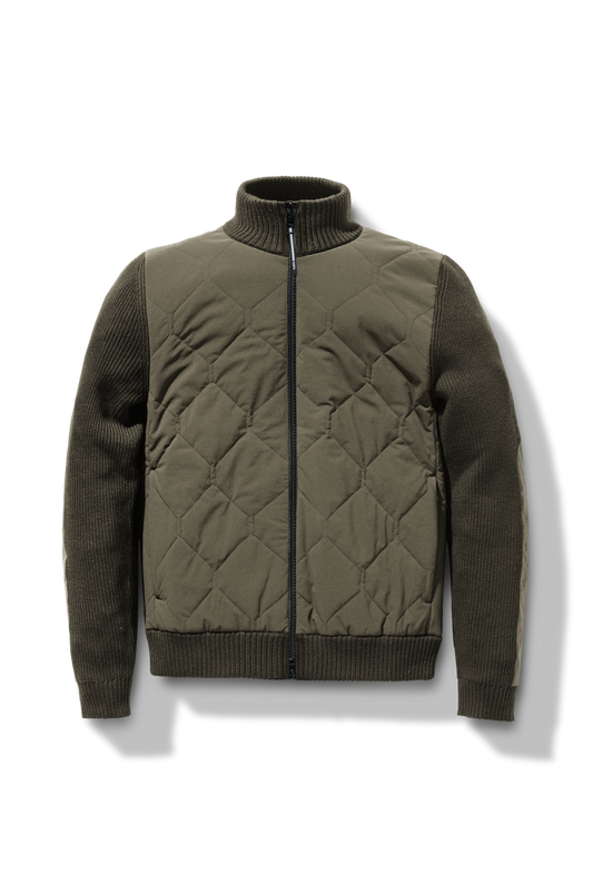 Ero Men's Tailored Hybrid Sweater in hip length, PrimaLoft Gold Insulation Active+, Durable 4-Way Stretch Weave quilted torso, Merino wool knit collar, sleeves, back, and cuffs, two-way front zipper, and hidden waist pockets, in Fatigue + Fatigue