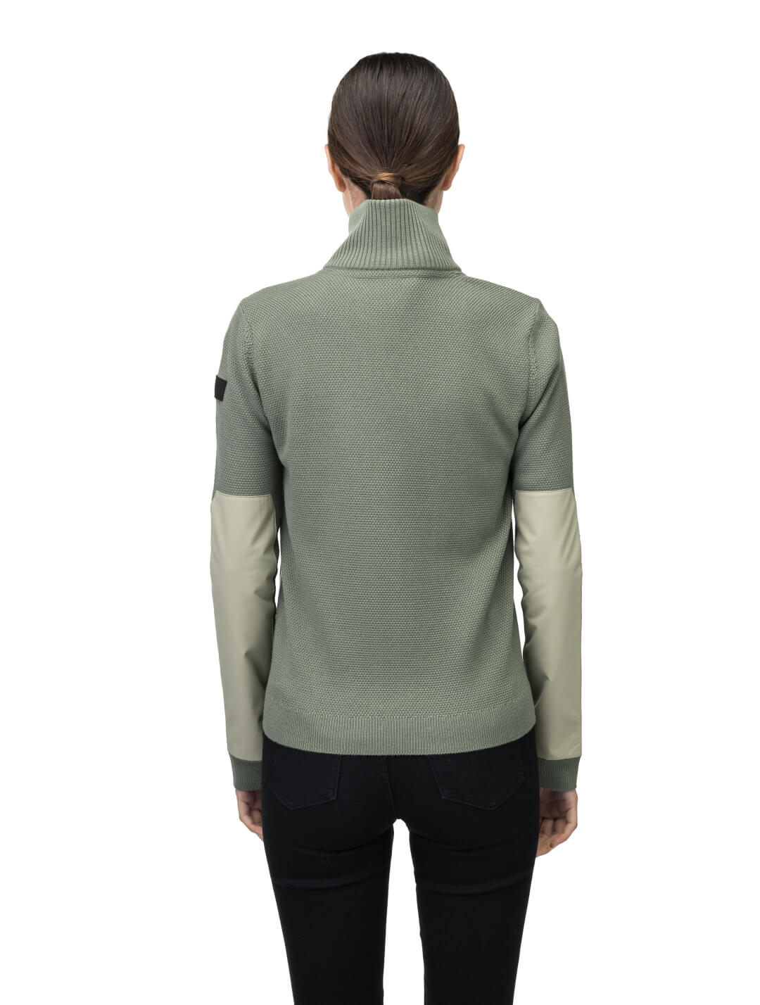 Evo Ladies Performance Full Zip Sweater in hip length, Primaloft Gold Insulation Active+, Merion wool knit collar, sleeves, back, and cuffs, two-way front zipper, and hidden waist pockets, in Tea