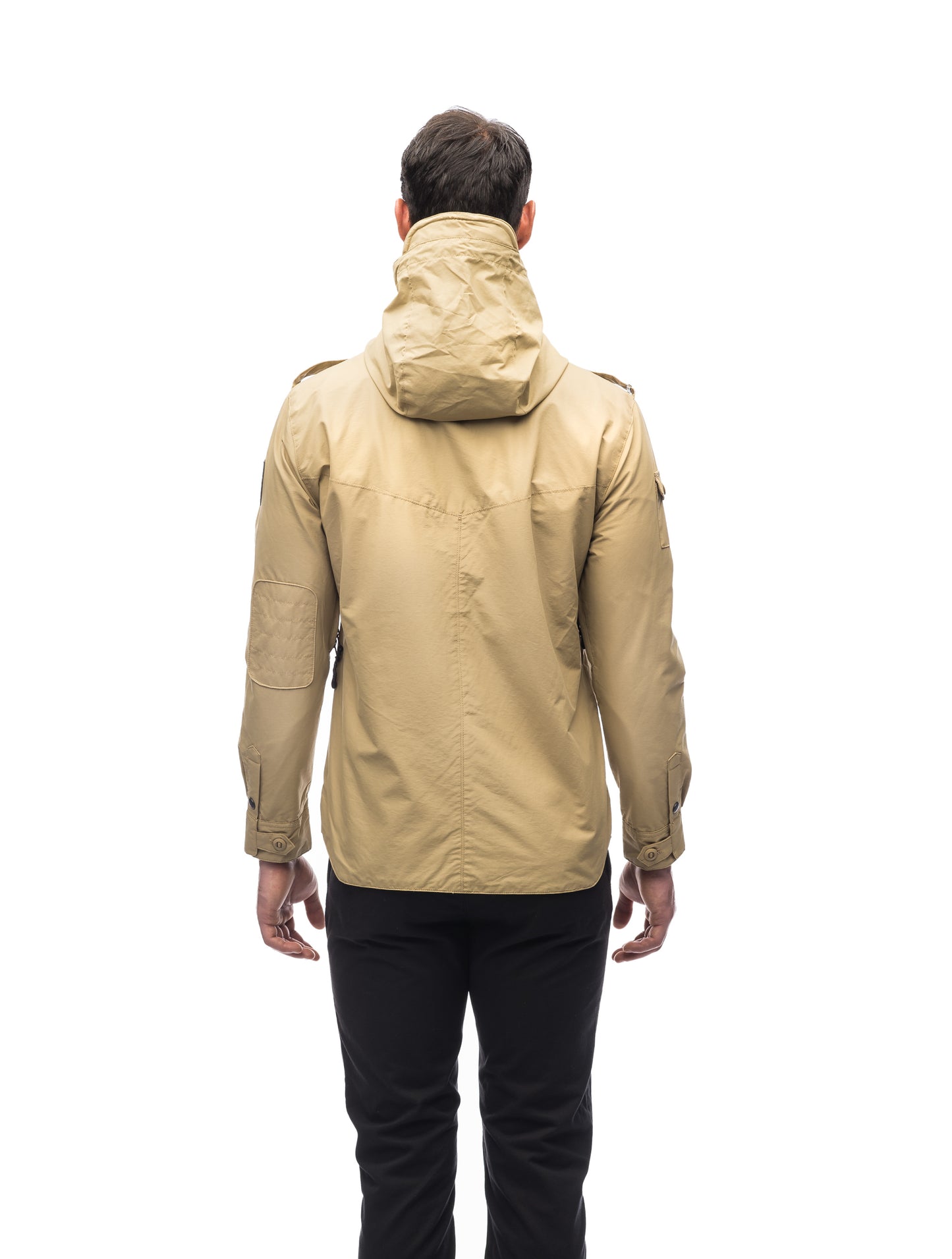 Men's hooded shirt jacket with patch chest pockets in Tan