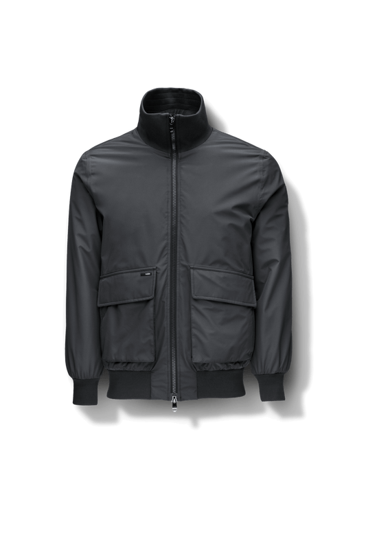 Flint Men's Tailored Rib Collar Jacket in hip length, premium 3-ply Micro Denier fabrication, premium 4-way stretch, water resistant Primaloft Gold Insulation Active +, flap pockets with magnetic closure at waist, side entry pockets at waist, ribbed sleeve cuffs, two-way branded zipper at centre front, box pleat detailing at centre back, large interior zipper pocket, and interior button pocket at left chest, in Black + Black