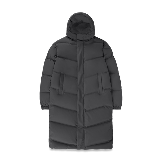 Granger long jacket in Black stretch ripstop fabric with DWR coating, insulated with Canadian white duck down and Primaloft. Features a two-way zipper, magnetic closure, and adjustable cuffs for warmth and weather protection. + Black