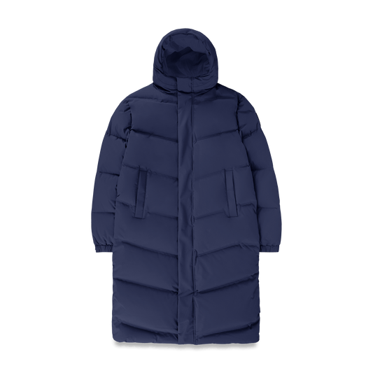 Granger long jacket in Marine stretch ripstop fabric with DWR coating, insulated with Canadian white duck down and Primaloft. Features a two-way zipper, magnetic closure, and adjustable cuffs for warmth and weather protection. + Marine
