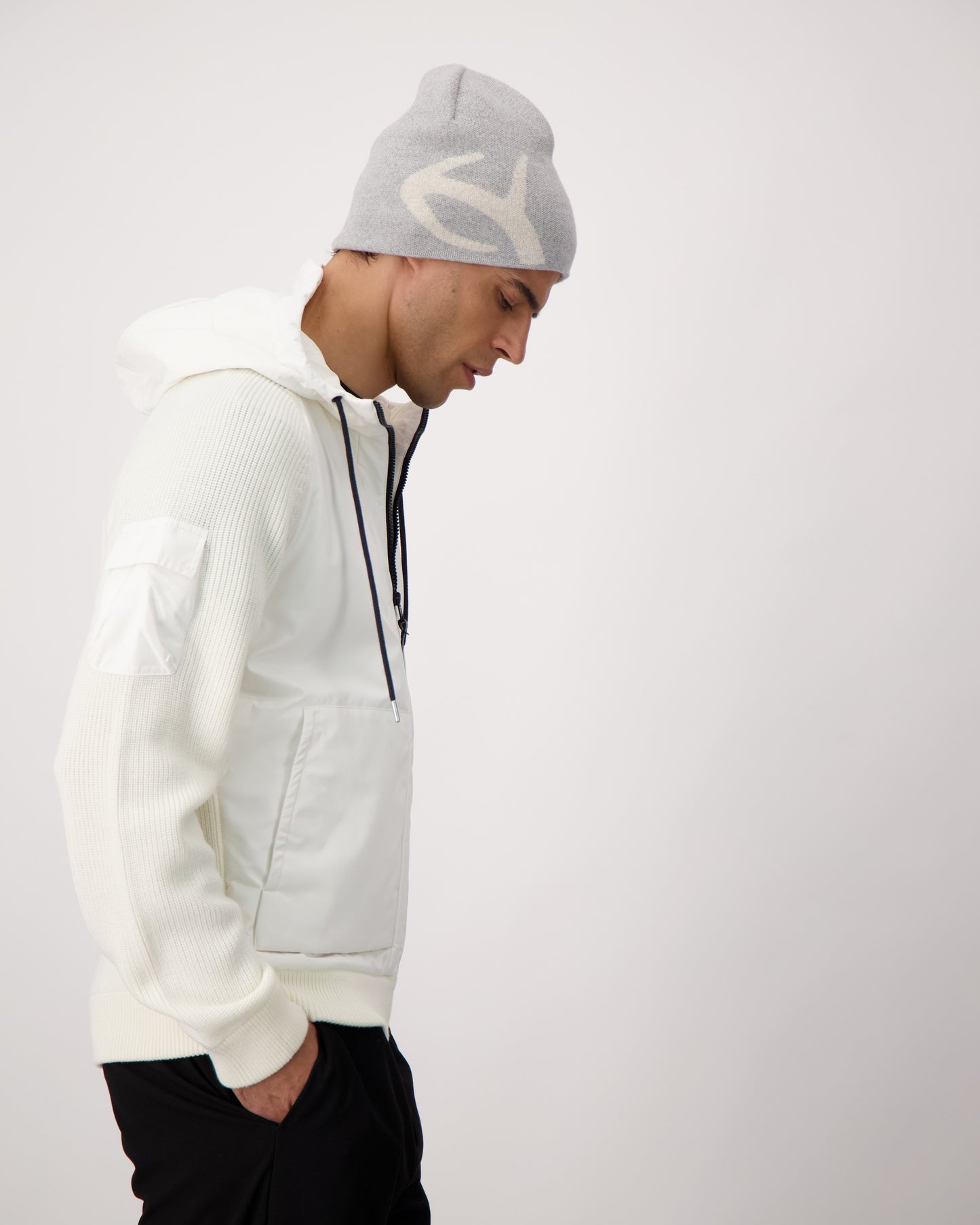 Antler Beanie in merino wool blend, antler knit motif on front, in Grey