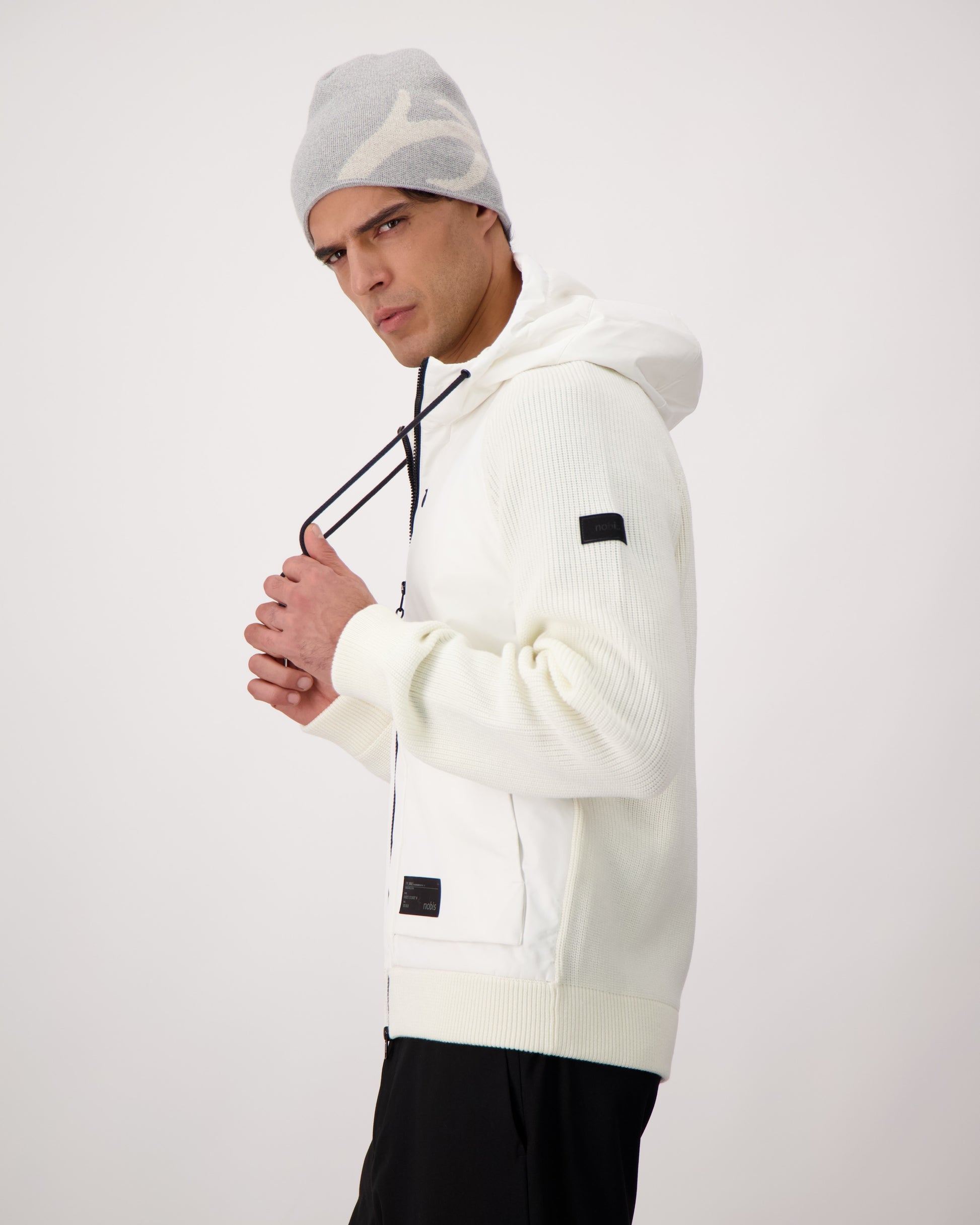 Antler Beanie in merino wool blend, antler knit motif on front, in Grey