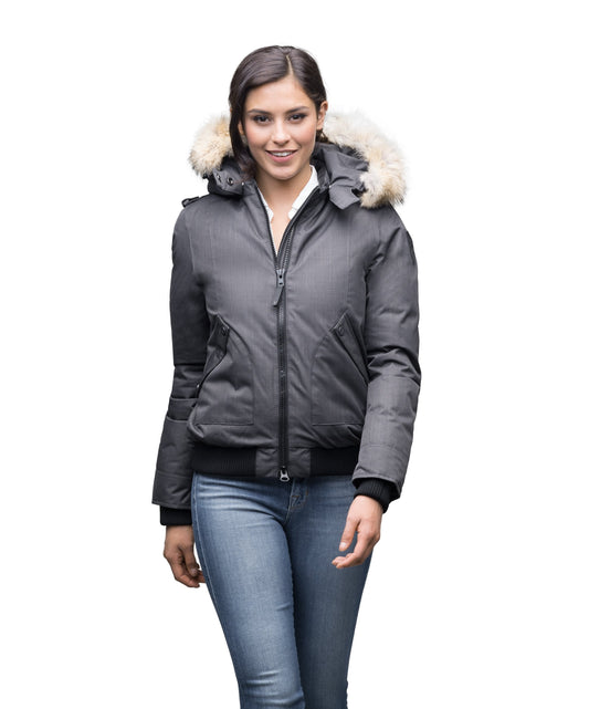 Women's bomber style down filled jacket with a removable hood and fur trim in CH Steel Grey + CH Steel Grey