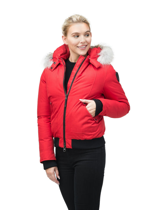 Women's bomber style down filled jacket with a removable hood and fur trim in CH Red + CH Red