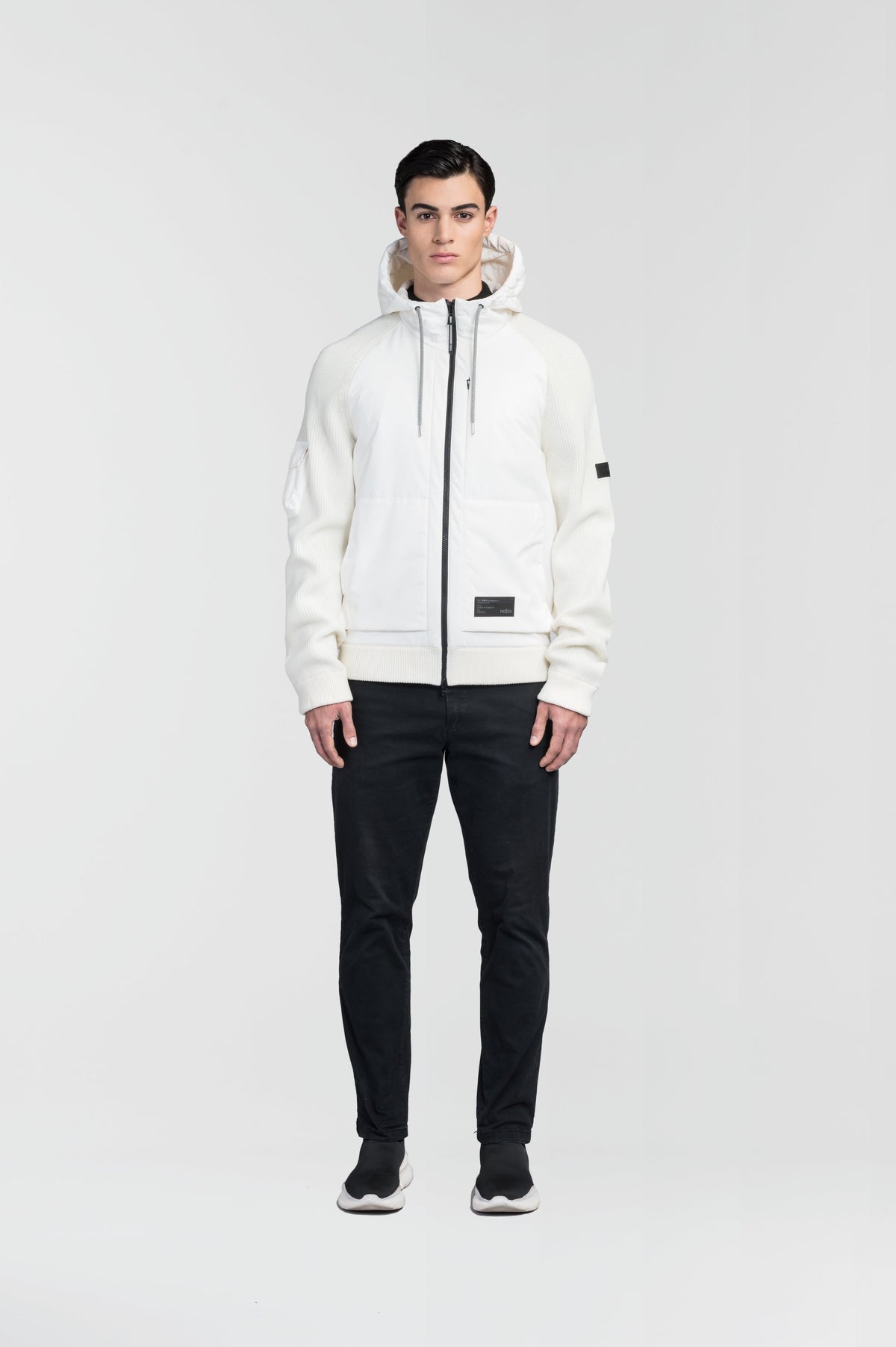 Hedge Men's Performance Hoodie in hip length, premium 3-ply micro denier and 100% virgin extra fine merino wool knit fabrication, Primaloft Gold Insulation Active+, non-removable hood with adjustable drawstrings, two-way centre-front zipper, magnetic closure side-entry pockets at waist, in Chalk