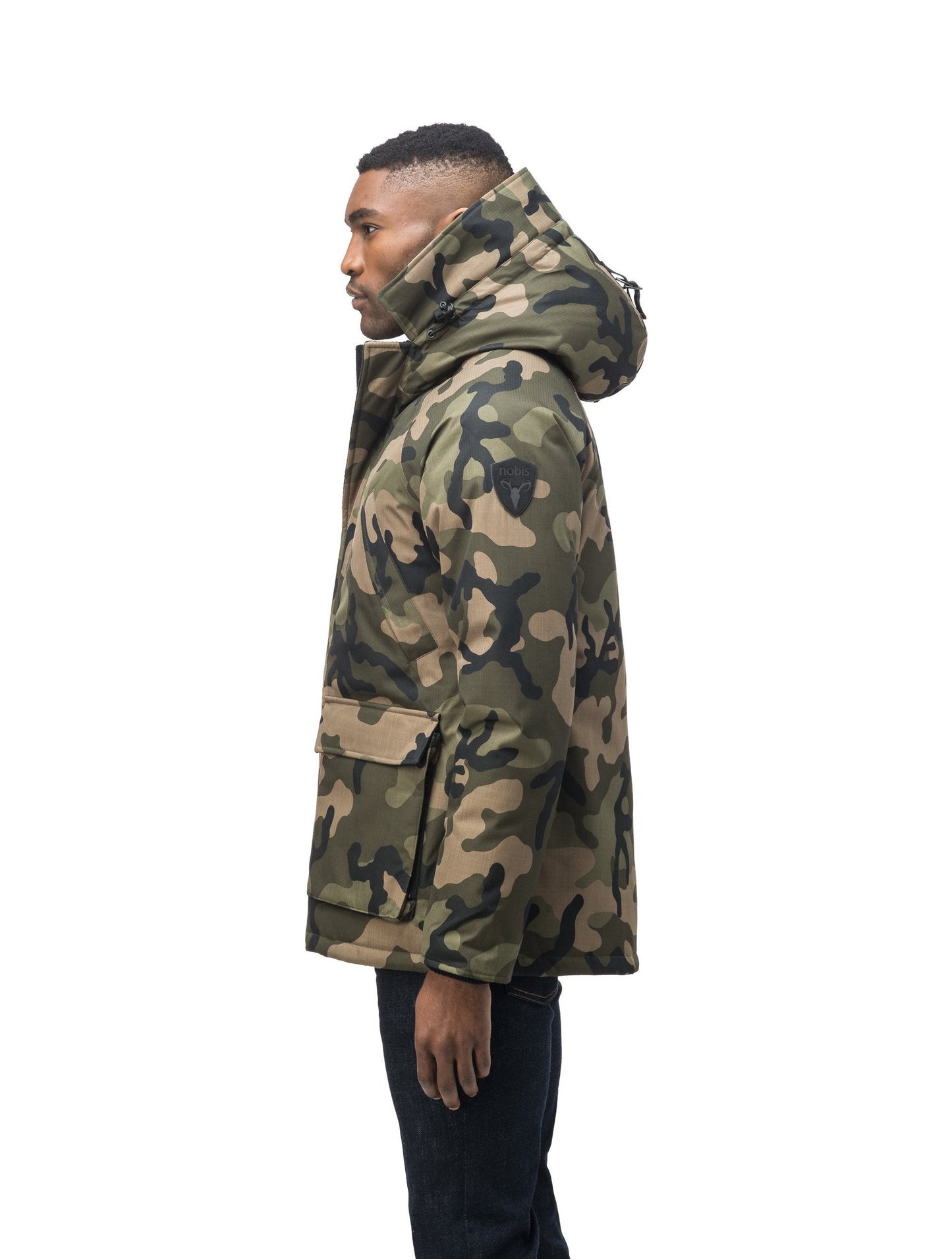 Men's waist length down filled jacket with two front pockets with magnetic closure and a removable fur trim on the hood in CH Camo