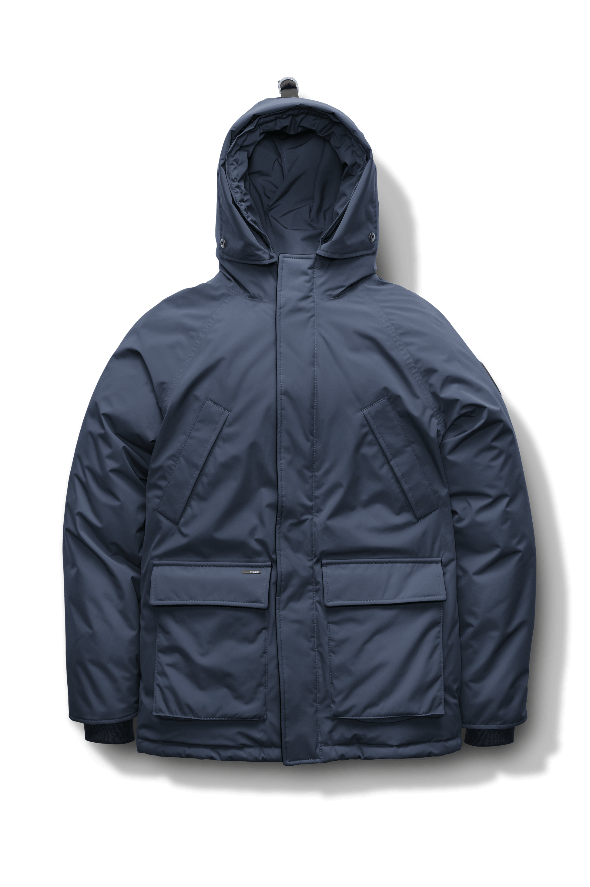 Heritage Furless Men's Parka in hip length, Canadian white duck down insulation, non-removable hood, front zipper with magnetic placket, chest hand warmer pockets, waist flap pockets, and elastic cuffs, in Navy