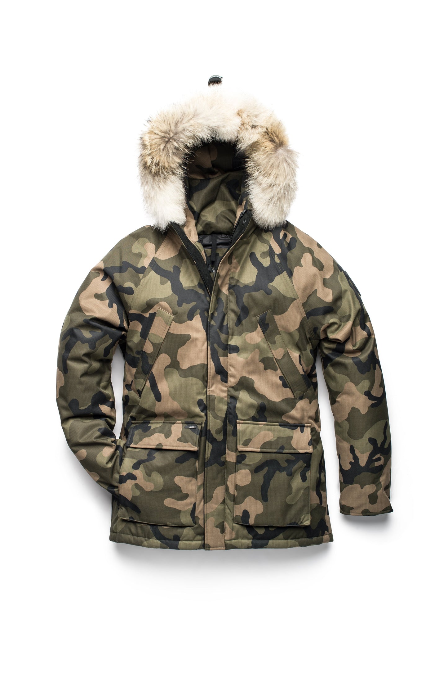 Men's waist length down filled jacket with two front pockets with magnetic closure and a removable fur trim on the hood in CH Camo