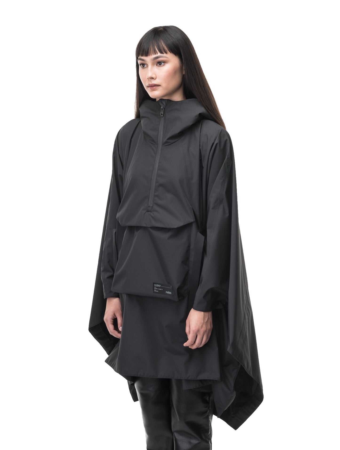 Hydra Unisex Performance Poncho in thigh length, non-removable hood, vertical half-zipper along centre front collar, hidden side-entry waist zipper pockets, adjustable webbing straps and snap closure cuffs, and packable to front kangaroo pocket with flap opening, in Black