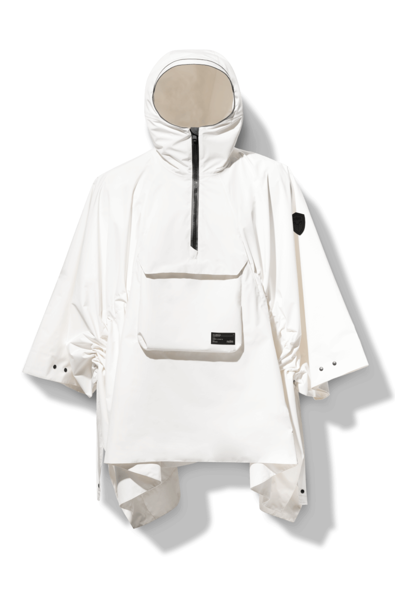 Hydra Unisex Performance Poncho in thigh length, non-removable hood, vertical half-zipper along centre front collar, hidden side-entry waist zipper pockets, adjustable webbing straps and snap closure cuffs, and packable to front kangaroo pocket with flap opening, in Chalk
