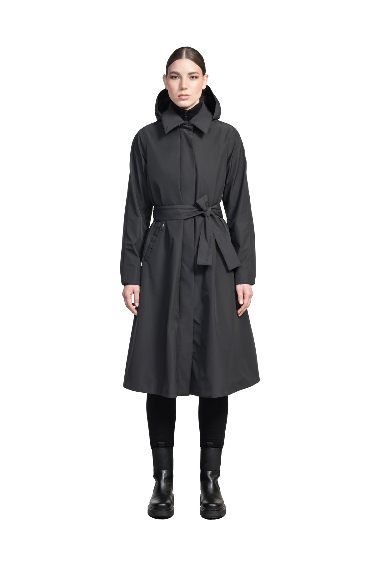Ivy Ladies Tailored Trench Coat in knee length, 3-Ply Micro Denier fabrication, retractable non-removable hood, front wind flap with snap button closure, removable belt, and adjustable snap cuffs, in Black