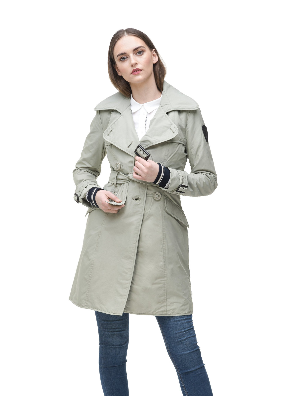 Women's classic trench coat that falls just above the knee in Lt Grey