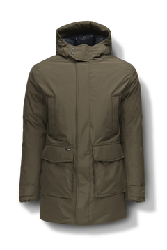 Kason Men's Light Down Parka in thigh length, premium 3-ply micro denier and stretch ripstop fabrication, Premium Canadian origin White Duck Down insulation, non-removable down-filled hood, two-way centre-front zipper, magnetic closure wind flap, fleece-lined pockets at chest and waist, flap pockets at waist, pit zipper vents, in Fatigue